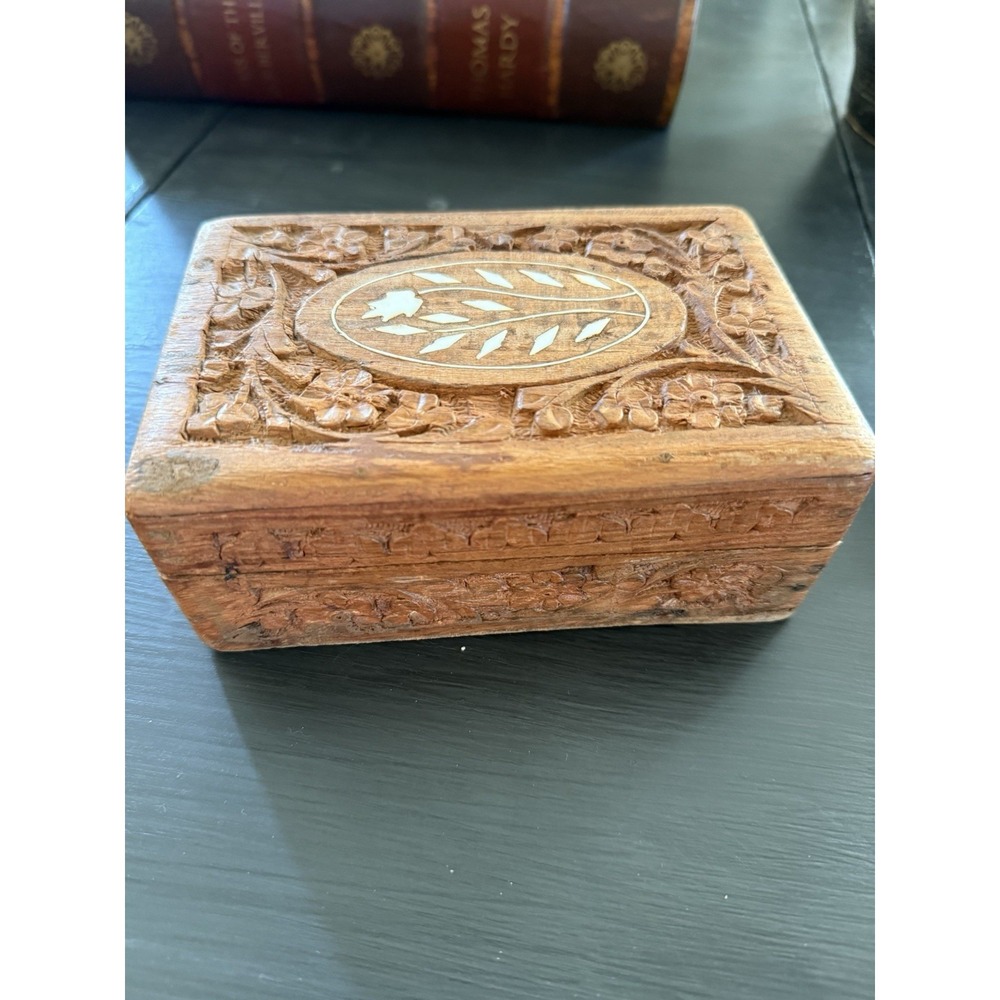 Beautifully carved wood‎ box intricate design inlay.  Maybe Indian Made. 6x4"